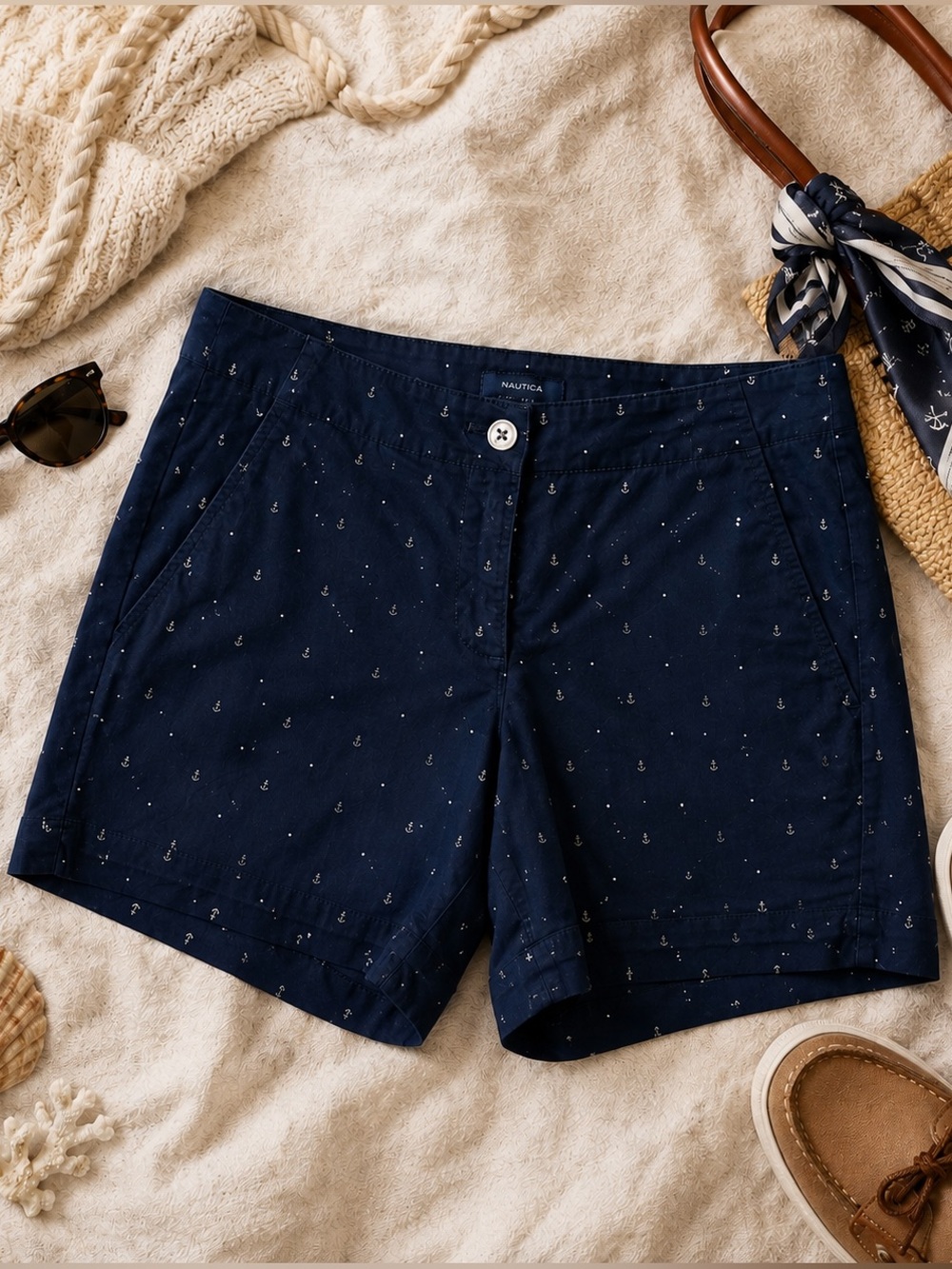 Nautica Women's Shorts Jorts Anchor Print‎ Size 6 Nazy White Coastal Nautical